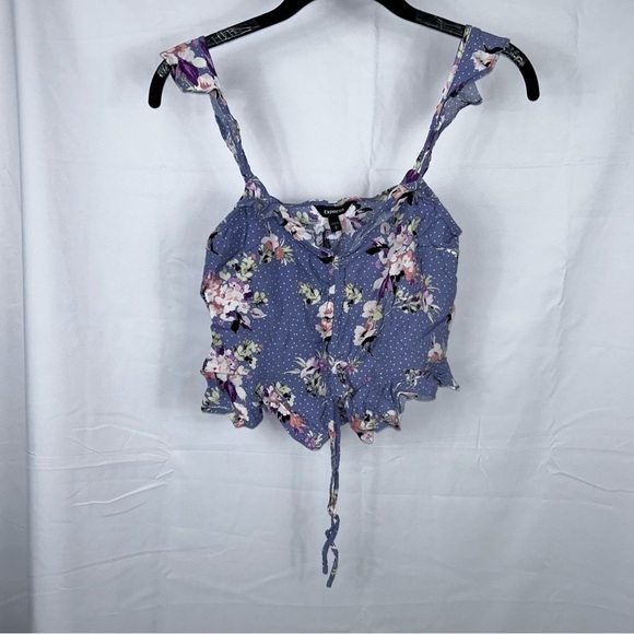 Express Tank Top Ruched Ruffle Flutter Sleeves Round Hem Dotted Floral Crop Tank - Picture 2 of 9